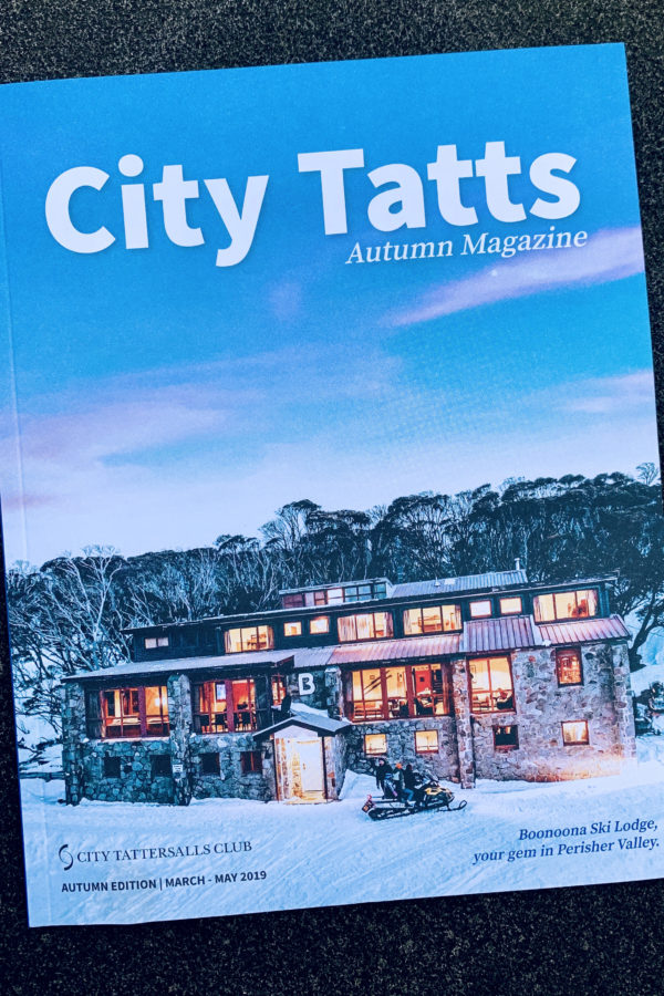City Tattersalls magazine cover Autumn 2019 featuring a beautiful twilight shot of Boonoona Ski Lodge in Perisher Valley in the Australian Ski fields